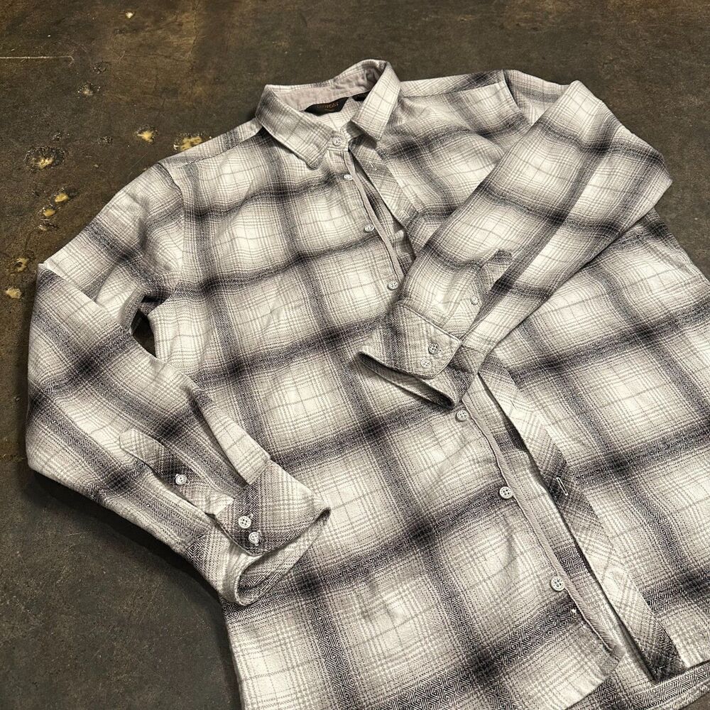 Outpost Makers Flannel Shirt Mens Large Long Sleeve Button Up Plaid Gray White